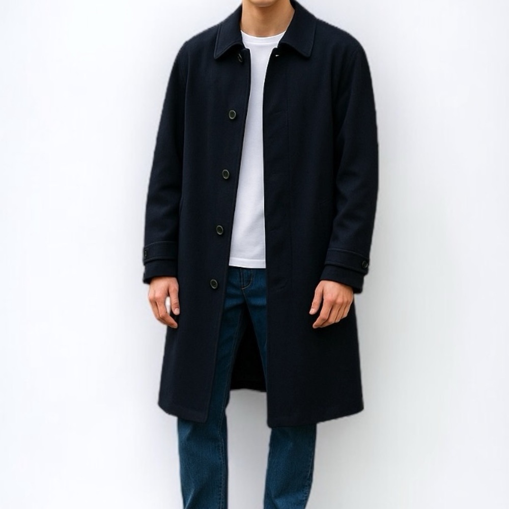 Vintage Lanvin Wool Balmacaan Coat In Navy | Size 58
